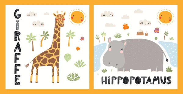 Słodkie plakaty zwierząt tropikalnych, kolekcja kart — Wektor stockowy