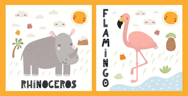 Carteles de animales tropicales lindos, colección de tarjetas — Vector de stock