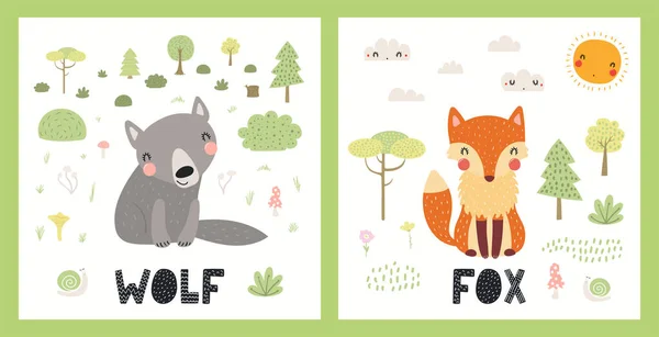 Lindos animales divertidos del bosque carteles, juego de cartas — Vector de stock