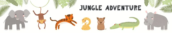 Lindo divertido tropical, bandera de animales de la selva, tarjeta — Vector de stock