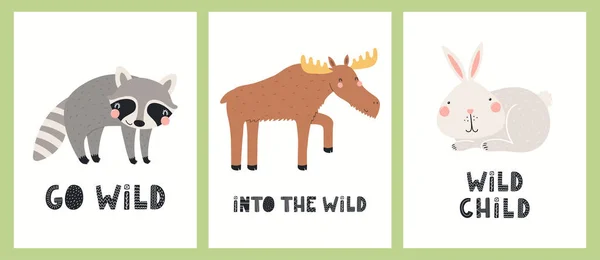 Lindos animales divertidos del bosque carteles, juego de cartas — Vector de stock