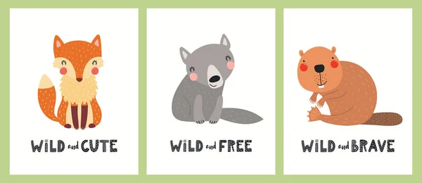 Cartazes engraçados bonitos dos animais da floresta, jogo das cartas Ilustrações De Stock Royalty-Free