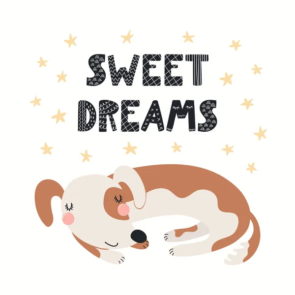 Lindo perro divertido, cachorro, letras Dulces sueños — Vector de stock