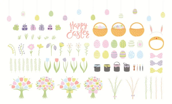 Cute Easter clipart set, painted eggs, flowers — Stock Vector