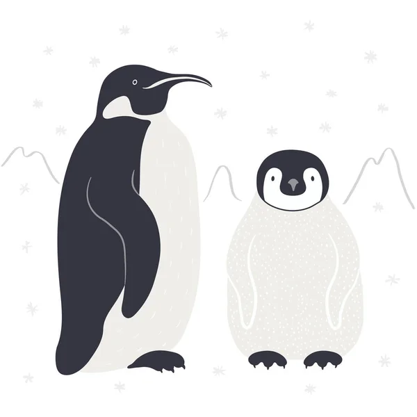 Милые мультяшные пингвины, Антарктический пейзаж — стоковый вектор