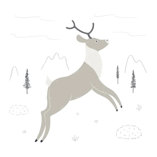 Lindo reno de dibujos animados, paisaje ártico, aislado — Vector de stock