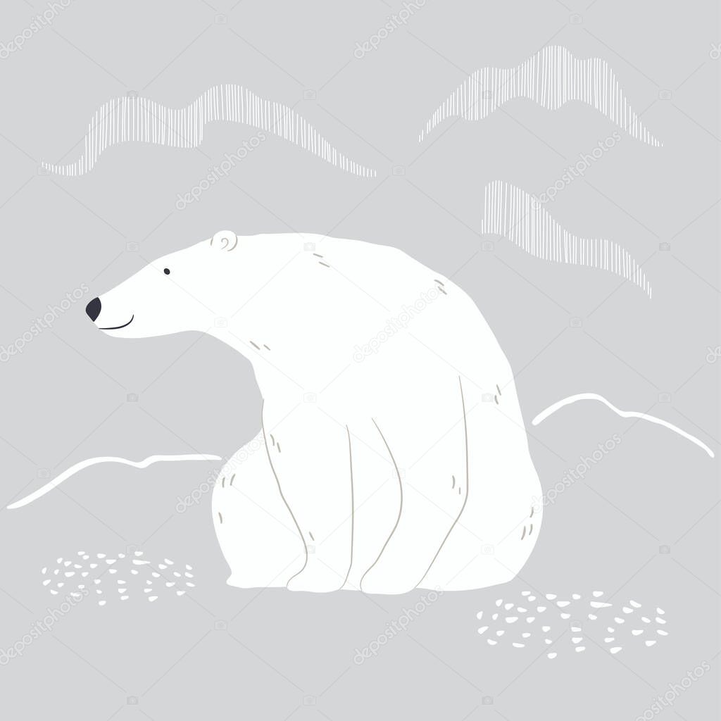 Cute cartoon polar bear, northern landscape
