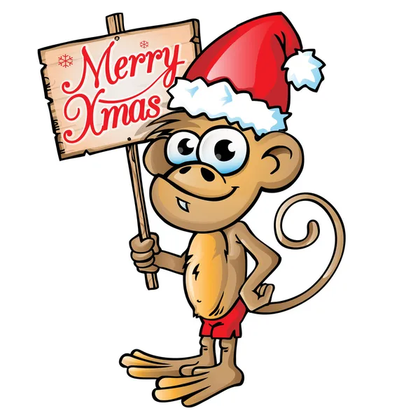 Monkey christmas cartoon with signboard — Stock Vector