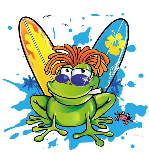 서핑 보드와 함께 여름 자메이카 만화 개구리 — 스톡 벡터