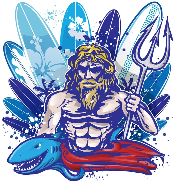 Poseidon Surfer Surfbrett — Stockvektor