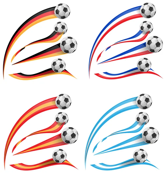 Deutschland, Griechenland, Frankreich, Spanien Fahnenset mit Fußball — Stockvektor
