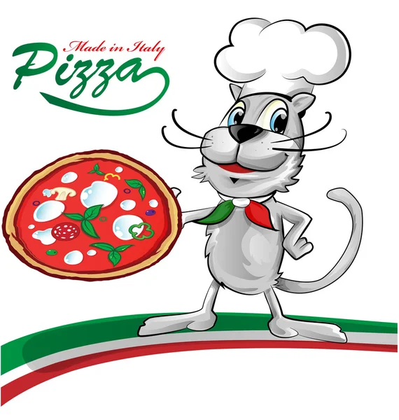 Chef gato dibujos animados con pizza — Vector de stock