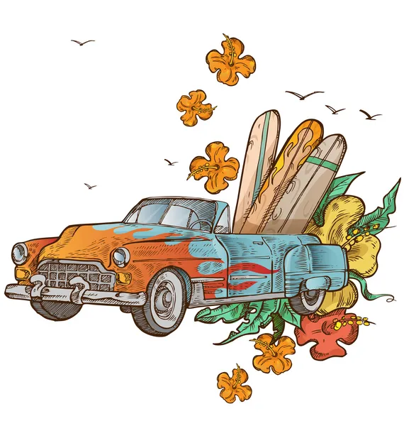 Coche vintage con tabla de surf — Vector de stock