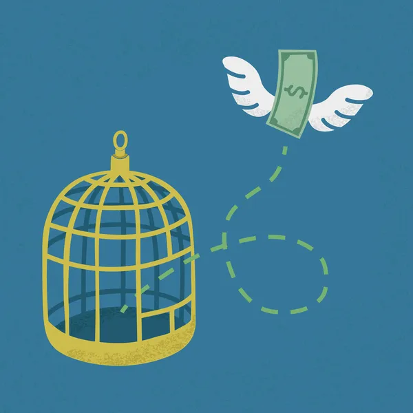 钱飞出笼子的小鸟，财政独立 免版税图库矢量图片