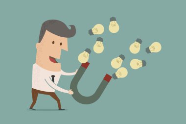 Businessman with horseshoe magnet collecting light bulb , eps10 clipart