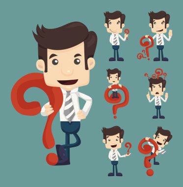 Set of businessman characters poses with question marks