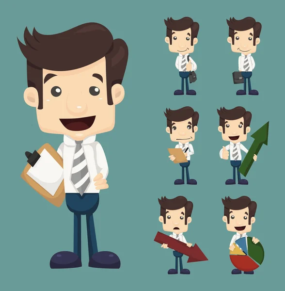 Set of businessman characters poses with charts — Stock Vector