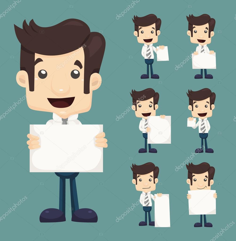 Set of businessman holding blank notes characters poses