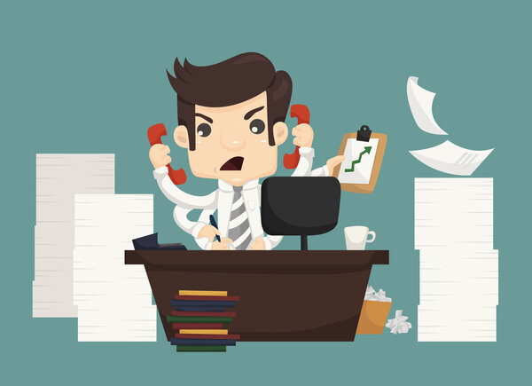 Бизнесмен много работает и занят.
