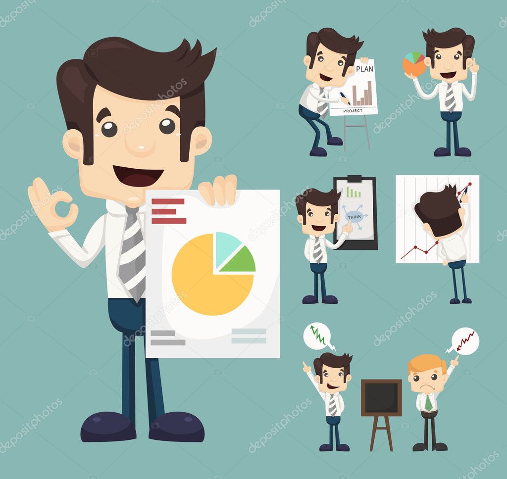 Set of businessman characters presentation graph 