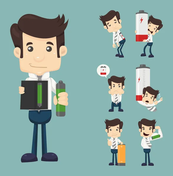 Set of businessman with battery — Stock Vector