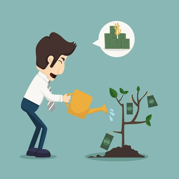 Geschäftsmann gießt eine Pflanze Geld — Stockvektor