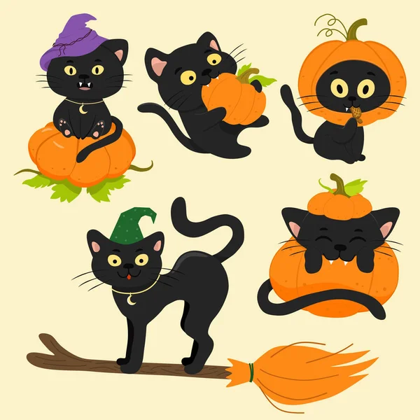 Uppsättning Vektor Svarta Katter Med Pumpa Och Kvast För Halloween — Stock vektor