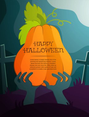 Cadılar Bayramı bayramı için kabak ve mezarlıkta ölü bir adamın eliyle vektör temalı pankart.