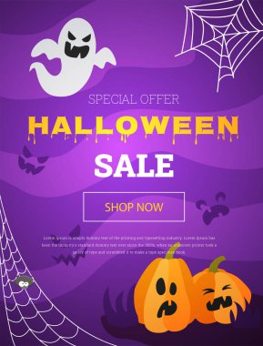 Cadılar Bayramı 'nda balkabaklı vektör bayrağı ve hayalet satışı.