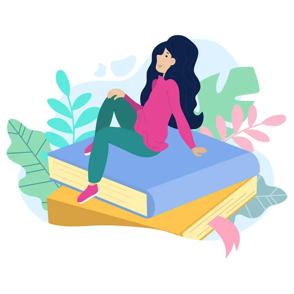 Ilustración Vectorial Una Joven Soñadora Sentada Una Pila Libros — Vector de stock