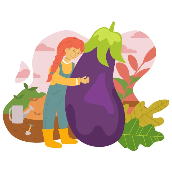 Vector Illustration Happy Girl Hugging Large Eggplant Grown Her Garden — Stock Vector