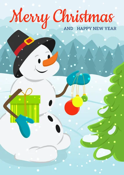Tarjeta Vacaciones Con Muñeco Nieve Sombrero Para Navidad Año Nuevo — Vector de stock