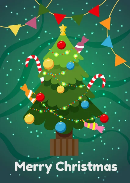 Tarjeta Vacaciones Con Árbol Navidad Decoraciones Para Nuevo Año — Vector de stock