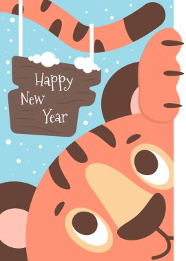 İçinde 2022 'nin komik kaplan sembolü olan yeni yıl kartı. Vektör illüstrasyonu.