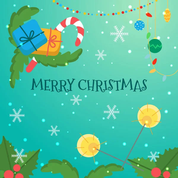 Plantilla Tarjeta Navidad Con Bengalas Regalos Decoraciones Navidad — Vector de stock