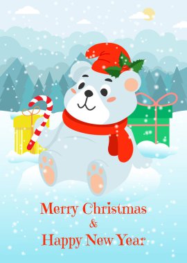 İçinde şapkalı beyaz bir ayı ve ormanın kenarında şeker olan bir Noel kartı. Vektör illüstrasyonu.