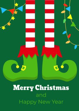 Çizgili çoraplı elf bacaklı Noel kartı. Vektör illüstrasyonu.