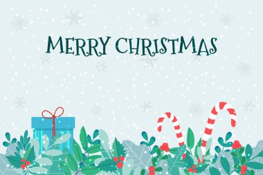 Bitkilerle birlikte vektör yatay Noel afişi şablonu
