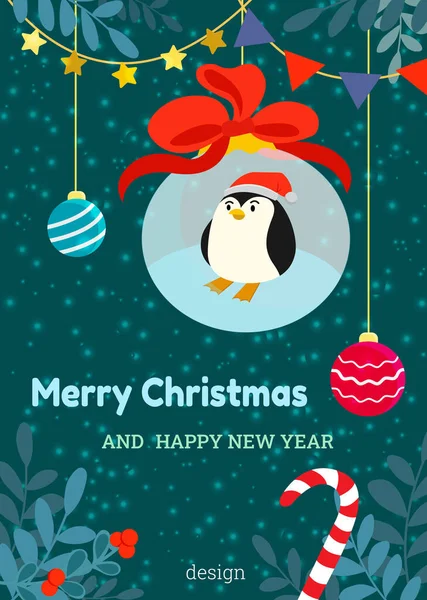 Pingouin Dans Une Casquette Rouge Dans Une Boule Arbre Noël — Image vectorielle
