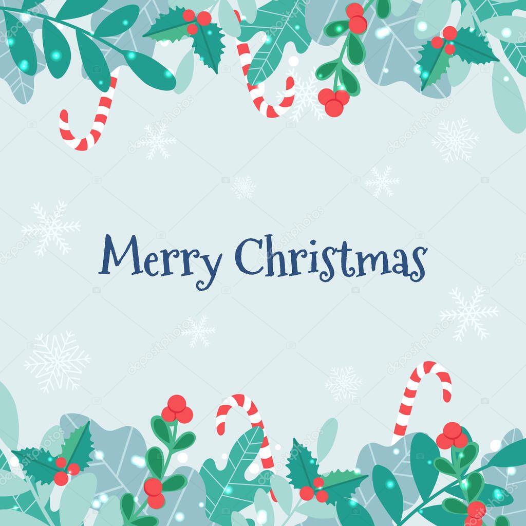 Vector Christmas card with a frame of plants and a candy cane