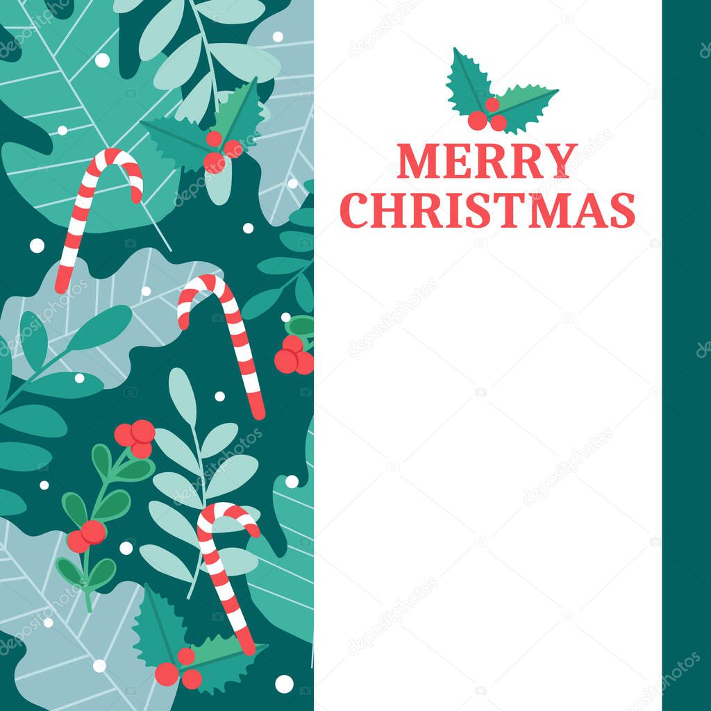 Vector vertical Christmas card with different plants and a place for the text