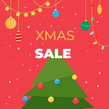 Üç boyutlu Noel ağacı olan bir Noel indirimi için kare bir Noel kartı. Vektör illüstrasyonu.