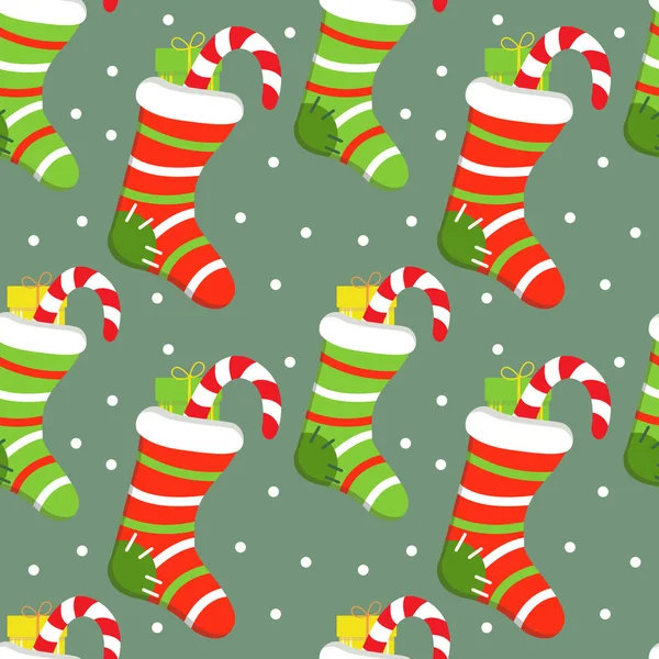 Nahtloser Festlicher Hintergrund Mit Weihnachtlicher Gestrickter Socke Und Geschenk — Stockvektor