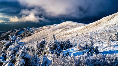 Dağların çarpıcı kış manzarası. Szeroki Wierch, Bieszczady Ulusal Parkı, Karpatlar, Polonya.