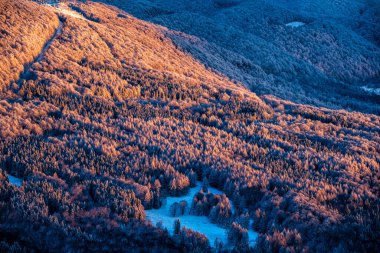 Dağların çarpıcı kış manzarası. Bieszczady Ulusal Parkı, Karpatlar, Polonya.