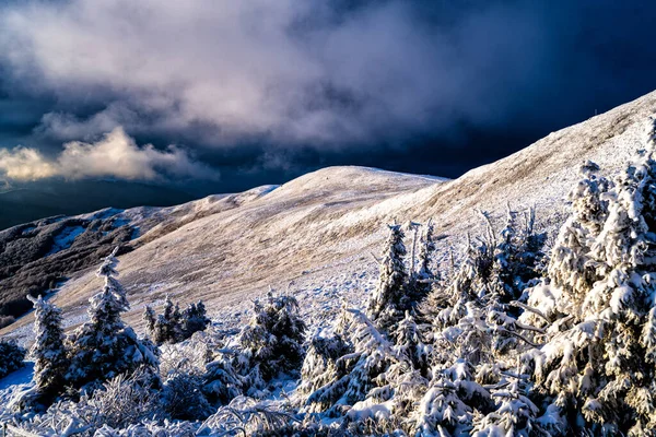 Dağların çarpıcı kış manzarası. Szeroki Wierch, Bieszczady Ulusal Parkı, Karpatlar, Polonya.