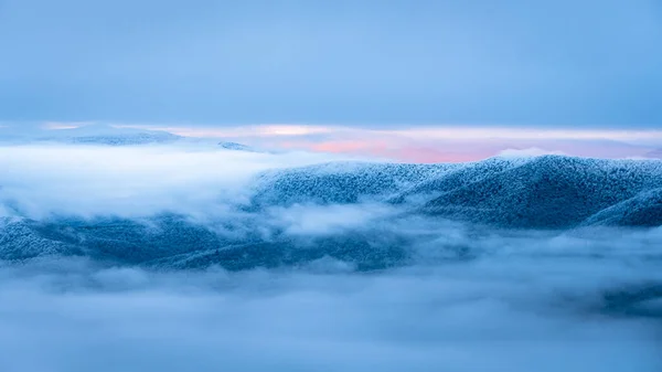 Misty Winter Morning Mountains Bieszczady National Park Carpathians Poland — 图库照片
