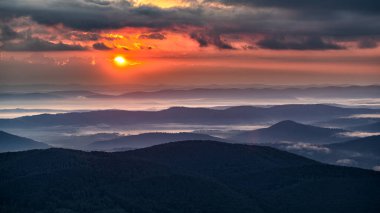 Güneşin doğuşunda gizemli ve sisli orman ve dağlar. Arkadaki ağaçlar. Bieszczady Ulusal Parkı, Karpatlar, Polonya