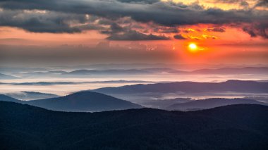 Güneşin doğuşunda gizemli ve sisli orman ve dağlar. Arkadaki ağaçlar. Bieszczady Ulusal Parkı, Karpatlar, Polonya