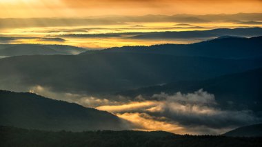 Bieszczady Ulusal Parkı, Karpatlar, Polonya. Güneşin doğuşunda gizemli, sisli orman ve dağlar. Arkadaki ağaçlar.